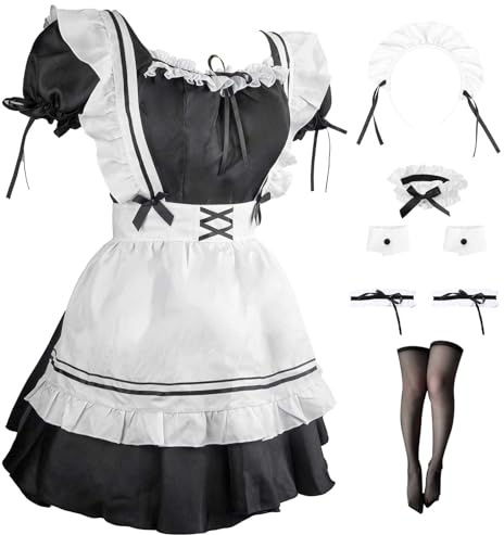 Zyimsva Maid Dress Halloween KostüM Damen Anime Cospaly Dienstmädchen Kostüm Maid Kostüm Outfit Set mit Strümpfen (XL)