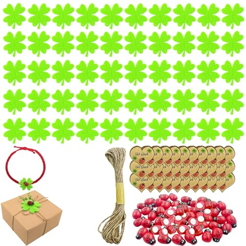 50 Filzkleeblätter und 50 Mini Selbstklebendes Holz Marienkäfer Deko Kit | mit 30 Karten und 5m Hanfseil, Mini Glückskäfer Glücksklee zum DIY Handwerk Deko Geschenkparty-Dekorationen