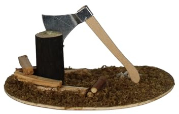 ZICOM Krippenzubehör Hackstock mit Axt 10x8x5cm Holz, Metall – Handgefertigter Miniatur-Hackstock für Krippen