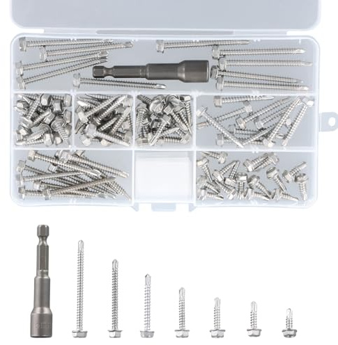Vis Autoforeuse Metal TêTe Hexagonale Acier Inoxydable Vis Autoforeuse Set Vis Autoperforante Inox Avec 1 Douille Hexagonale Pour L'Acier Et Le Bois M4.2 92 PièCes