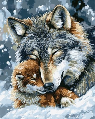 N.LANSHAN DIY Knüpfteppich Knüpfhakenset Mit Zwei Wölfen，Knüpfhakensets Mit Schneetieren，Teppich-DIY Für Familie Und Freunde，Handarbeit，Kreuzstichset，Basteln，Geschenke 60x90cm