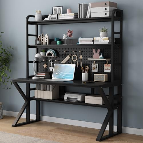 Computertisch aus Massivholz mit Ablagen und Stecktafel, großer Schreibtischtisch für Heimbüro, 109,2 x 175,3 x 60,9 cm, Schwarz