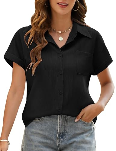 Niwicee Camicia Donna Estiva Blusa Maglietta Elegante Scollo a V Camicetta Manica Corta Abbottonate Top Casual Shirt Tinta Unita Estive Shirt Classico Maglia Camicie (Nero, XL)