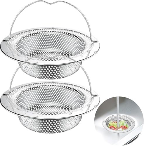 Momowin 2 Pièces Filtre evier Cuisine, Grille evier Cuisine avec poignées, INOX Filtre evier,Bouchon évier, Passoire evier 11 cm OD x 8 cm ID x 2 cm High