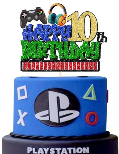 Xsstarmi 1 Pack Happy 10th Birthday Cake Topper Glitter 10 Fabulous Cheers to 10 Years Old Cake Pick Video Game 10th Birthday Cake Decorations for Game Theme Happy 10th Birthday Party Supplies