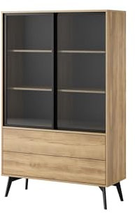 Bettso - Vitrinenschrank SWIFT - Glasvitrine - Wohnzimmer Schrank - 100,5x39x165cm - Highboard mit hohen Metallbeinen - Stabile Holzfüße, Gehärtetes Glas, Praktische Schiebetüren - mit LED-Beleuchtung