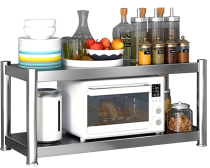 YCBTREE Mikrowellen Regal,2 Stufiges Küchen Regal Edelstahl Standregal Multifunktionales Lagerregal mit rutschfeste Füße 60×33×40cm Küchenaufbewahrung für Küchen Arbeitsplatte (2 Stufiges)