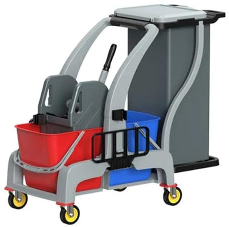 Clim Profesional Carro Profesional Multi de Doble Cubo de 30 litros con Ruedas Giratorias, Prensa Vertical, Bolsa Multifunción Y Soporte para Cubo Cristalero