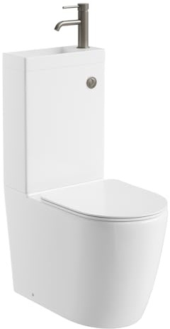 Go Bathrooms 2-in-1 Rimless Toilet & Sink Combination Nickel | Two-piece ceramic rimless space saver toilet pan and wash basin. Includes nickel cistern button & soft-close seat.
