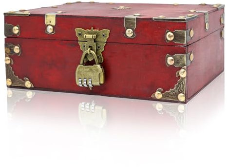 Forbabe Schatztruhe Holz, 24 X 17 X 10cm - Vintage Schatzkiste mit Schloss Piraten Schatztruhe Kinder, Geschenk Truhe Schatztruhe Hochzeit für Aufbewahrung Dekoration (Rot)