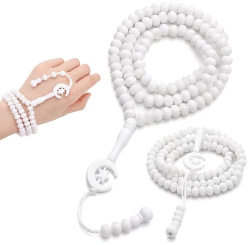 Muslimische Gebetsperlen, Tasbih, 99 Perlen, Allah & Muhammad, Weiß, 2 Stück | Islamische Gebetskette, Rosenkranz, muslimischer Islam, Misbaha, Tasbeeh, 99, Halskette für Damen und Herren, 31,5 cm lang
