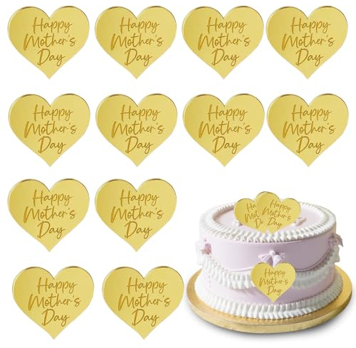 12 Pcs Mothers Day Cupcake Toppers, Gold Acrylic Cake Decoration, Heart Engraved Cupcake Picks