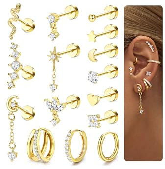 CASSIECA Pendientes de Acero Inoxidable Quirúrgico Oro/Plata Piercing Helix Tragus con Cartílago Para Conch Oreja