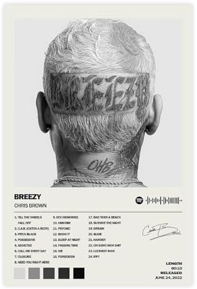 Poster su tela autografato da Chris Brown Breezy con copertina di album musicale, decorazione artistica da parete per soggiorno, camera da letto, 50 x 75 cm