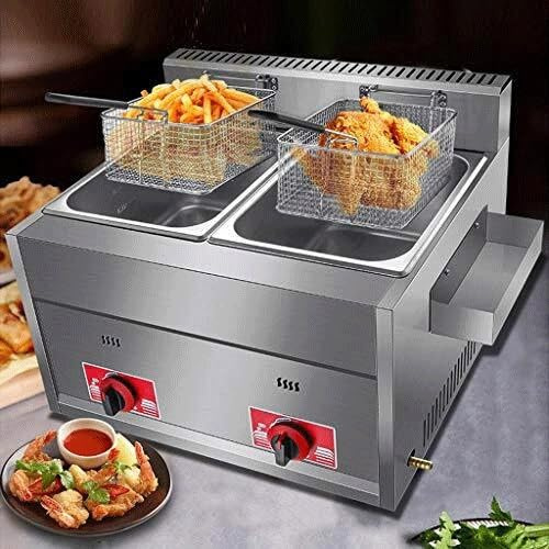 Commercial Dual Tank Deep Fryer, Stainless Steel with Twin Baskets for Restaurants and Fast Food