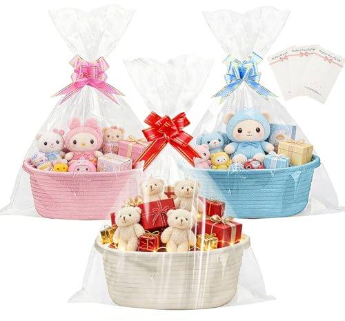 SEISSO 3 Pack Small Woven Basket for Gifts, Empty Baby Gift Baskets Hamper Kit for Birthday Baby Shower Toys Nursery Organiser with Gift Bags Ribbon Bows Cards, 30 x 20 x 13 cm, Beige, Pink, Blue
