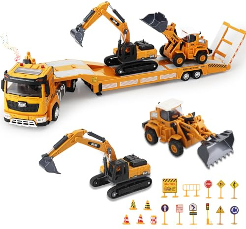 UCAMP Camion Transportador Coche de Juguete con Luces y Sonidos para Niños 3 4 5 6 7 Años, 1:40 Juguete Vehículos de Construcción con Excavadora Bulldozer, Juguetes Regalo de Cumpleaños Navidad