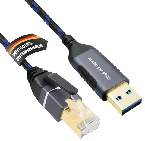 audio pirates Pack Cavo adattatore Ethernet USB 3.0 a RJ45, (Gigabit, CAT6A, 1000 Mbps) - Adattatore di rete USB con contatti dorati e alloggiamento in alluminio (1 pacco, 10 metri, blu)