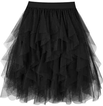 TRIWORKS Black Tulle Skirt Women Irregular Elastic High Waist Layered Mesh Tulle Tutu Midi A-line Fairy Skirt Halloween Prom Party Ballet Bubble S