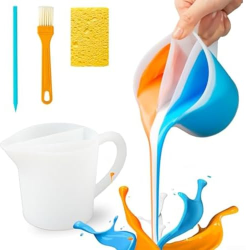 Vasiumic Silikonbecher mit Griff, antihaftbeschichtet, 3-K-Design für müheloses Ausgießen von Farbe und Harzkunstmischung, kommt mit Schwamm und Bürste für einfache Reinigung