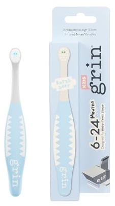 Grin Milky Start Manual Toddler Toothbrush, Light Blue, 6-24 Months | Baby Toothbrush with Small Round Head, Ultra-Soft Bristles for Safe, Gentle Cleaning - Comfortable Easy-Grip Handle, BPA-Free