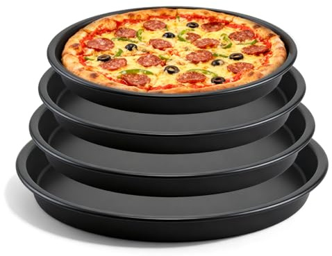 Set med pizzaplåt runt 4, 15–22 cm rund pizzaform, pizzabakplåt, kolstål med non-stick-beläggning, jämn värme och lätt att rengöra för pizza, flammkakor, kakor (svart)