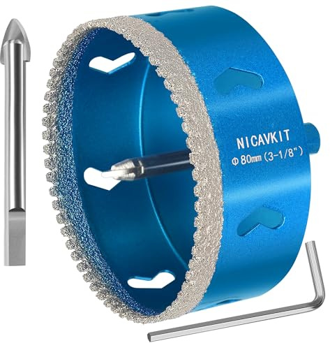 NICAVKIT 80mm Diamant Lochsäge mit 2*Zentrierbohrer, Professionellen Hartgelötet Diamant Bohrkron Fliesenbohrer für Fliesen, Porzellan, Keramik, Glas, Quarzit, Marmor | Lochsäge, Diamantspitzenbohrer für Porzellan, Fliesen, Keramik, Stein, Granit, Marmor, Glasflaschen, 7,6–0,3 cm
