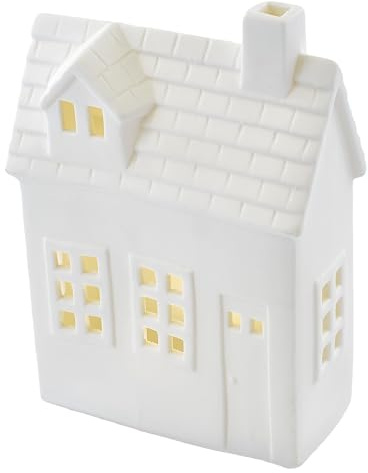 EMOS - Keramik LED-Häuschen mit warmweißem Licht, 1x Knopfzelle und Timer - leutchtendes Winterhaus batteriebetrieben, 1x CR2032 im Produkt erhalten - Zeitschaltuhr für Auto-Einschalten 6/18h - weiß
