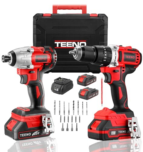 Kit Pistola de Impacto + Taladro Atornillador Percutor a Batería TEENO, 20V 90 Nm, 2 Baterías 2.0Ah, 20+3 Réglages de Couple, 25 Accesorios Profesionales