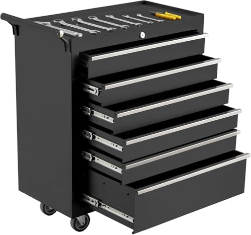 6-Drawer Rolling Tool Chest with Locking System, Portable Tool Storage Cabinet on Wheels, Secure Organizer Tool Box for Garage, Warehouse, Workshop, and Repair Shop, Heavy Duty Mobile Storage Solution