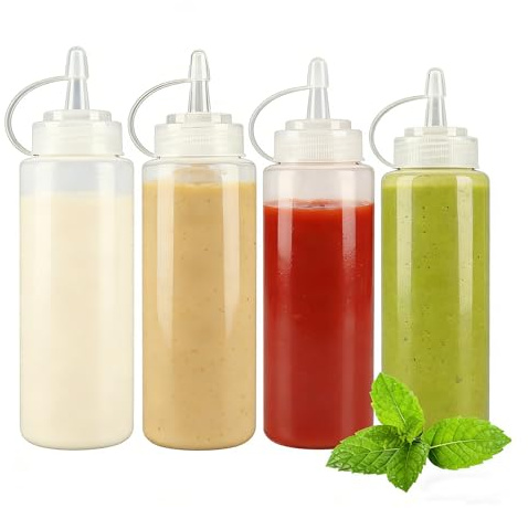 KHstylehoo 4 Stück Squeeze Flasche, 500ml Quetschflasche, 16.6 oz Mit Kappe Dosierflasche, Saucenflasche, Spritzflasche, Squeeze Flasche für Gewürze, Ketchup, Senf, Mayo, Olivenöl, Klar, Malen