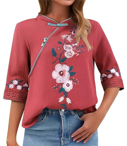 Generico Blusa Donna Estiva Eleganti Top Elegante Cerimonia Top Estivo da Donna in Cotone E Pizzo Cinese con Colletto Inclinato,Bottoni in Stile retrò Ricamati A Sette Bottoni Maglia Elegante