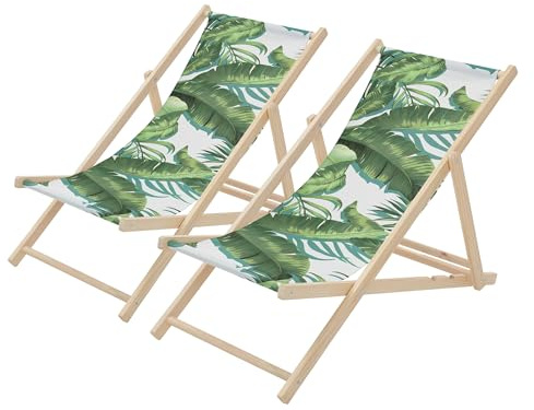 ECD Germany 2er Set Liegestuhl klappbar Tropical Grün-Weiß, aus Holz, Sonnenliege mit verstellbarer Rückenlehne, Strandliege bis 120 kg, Gartenliege, Strandstuhl, Relaxliege für Garten Balkon Terrasse