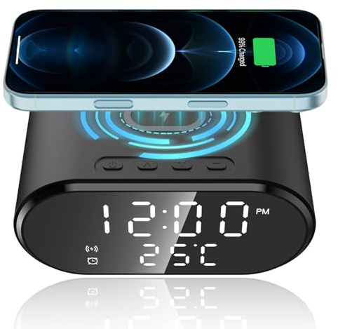 3-in-1 Wireless Charging Alarm Clock,Smart Digital Alarm Clocks Bedside | 15W Fast Wireless Charger with Smart Digital LED Display Charging Station,USB-C Cable Phone Stand for Bedroom Office Dorm