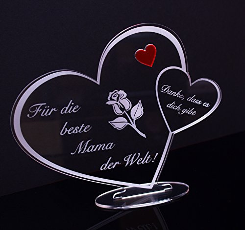Acryl Schild in Herz Form Für die Beste Mama der Welt Perfekt zu Muttertag oder Weihnachten, mit Lasergravur, Geschenk, 205 mm x 170 mm (Für die Beste Mama der Welt!)