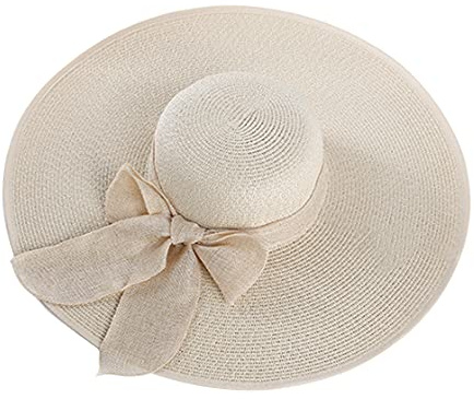 VASANA 1 chapeau pour femme avec grand nœud pliable à grand bord avec protection UV pour l'extérieur, l'été, la plage, la paille, beige, Taille Unique
