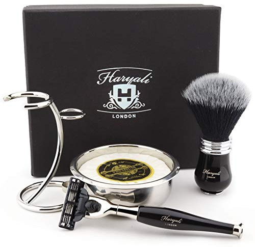 Haryali London 5-teiliges Luxus-Rasierset für Herren, 3 Kanten, Rasiermesser mit schwarzem Synthetikhaar, Rasierpinsel, Ständer, Schüssel und Seife, Geschenkset für Männer