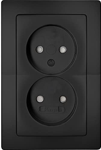 Kopp Paris Steckdose ohne Schutzkontakt, 2-fach, mit Berührungsschutz, Komplettgerät für den Einbau in eine 1-fach Schalterdose Ø 60mm, 16A, 250V~, IP20, schwarz, matte Oberfläche, 944750081
