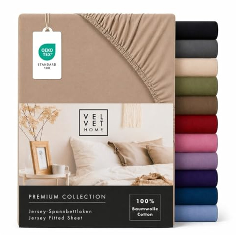 VelvetHome Spannbettlaken 200x220 cm 100% gekämmte Baumwolle, Jersey Spannbetttuch für Matratzen bis 25 cm Höhe, Oeko-Tex Zertifiziert, bügelfrei, elastisch, atmungsaktiv, weich, Cappuccino