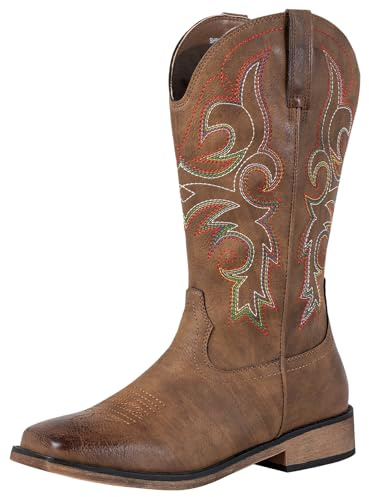 SheSole Women's Square Toe Western Cowgirl Cowboy Boots Mid Calf Embroidered Brown UK Size 7