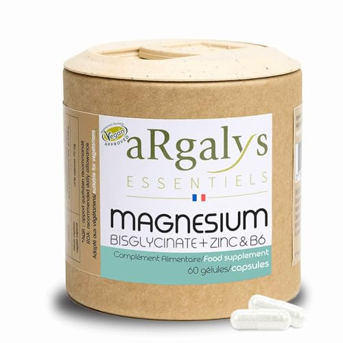 Magnésium Bisglycinate & Zinc Bisglycinate + Vitamine B6, Haute Teneur 300mg /j, Combat Fatigue - Stress, Biodisponibilité, 60 Gélules - Vegan, ZMA, Fabriqué en France, Argalys Essentiels