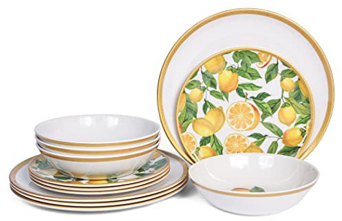 Lechoo Service de table en mélamine 12 pièces pour 4 personnes, motif citron, sans BPA, pour l'intérieur et l'extérieur