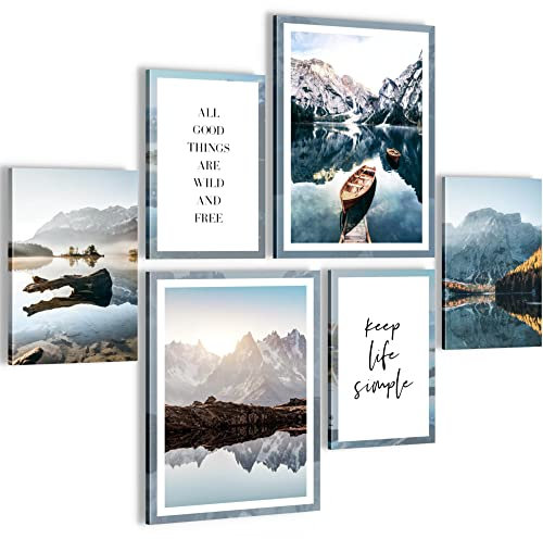 Novart Wandbilder Set Berge und See Natur - KEIN EXTRA RAHMEN BENÖTIGT - Modern Deko - Wohnzimmer Schlafzimmer N003663b