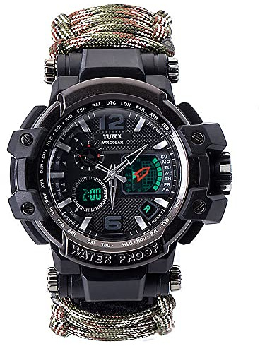 WLDOCA 50M wasserdichte Taktische Paracord-Uhr Multifunktions-Überlebensuhr für den Außenbereich mit Karabiner-Kompass-Thermometer für Männer und Frauen