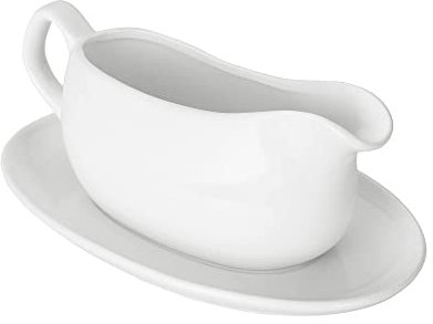 Nucookery Salsera grande de 14 onzas con mango ergonómico | Saucier de porcelana fina blanca con gran boquilla de labios sin goteo para salsa, salsas calientes, aderezos de ensalada, leche (14 onzas
