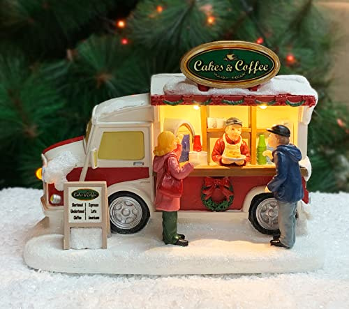 MOMENTS IN TIME Christmas Village Cakes and Coffee Food Truck Lighted LED Street Vendor Scene Battery Operated Holiday Tabletop Décor Hand-Painted Polyresin Collectible Gift Ready Tabletop Display