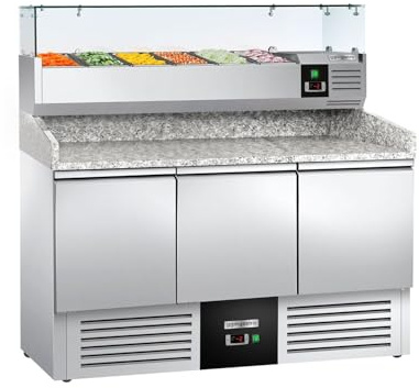 GGM Gastro | POG147ND#AGG143ND | Pizzakühltisch PREMIUM - 1400x700mm - 3 Türen - inkl. Kühlaufsatzvitrine - 6x GN 1/4