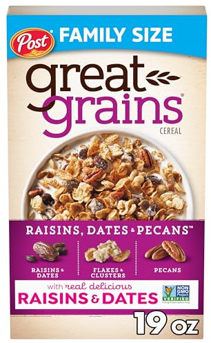Great Grains Raisins, Dates & Pecans Breakfast Cereal for Adults, Crunchy Clusters with Dried Fruit and Nuts, Non-GMO, Heart Healthy, 19 oz Box