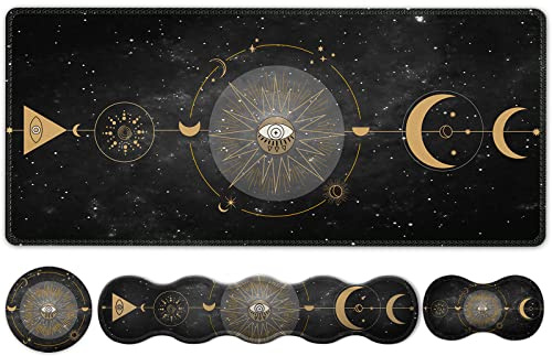 HAOCOO Mauspad Set, Großes Gaming Mauspad + Tastatur Handgelenkauflage + Mauspad mit Handgelenkstütze + Untersetzer, 90x40cm Mousepad Schreibtischmatte für Home Office, Boho Sun Moon