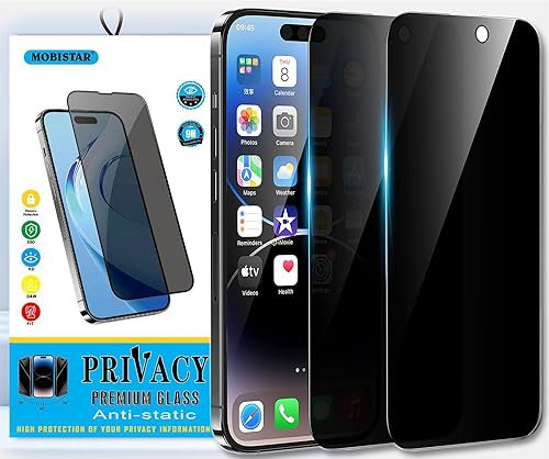 MOBISTAR® Privacy Screen Protector for iPhone 14 / iPhone 13 Pro/iPhone 13 (6.1-Inch), Anti-Spy Tempered Glass Film, Impact-Resistant, Anti-Scratch, Full Coverage, Case-Friendly, 2-Pack